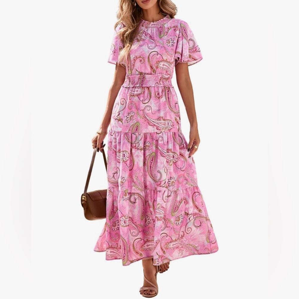 KIRUNDO Pink Paisley Maxi Dress, Short Sleeves, and Smocked Waist - SIZE 2XL